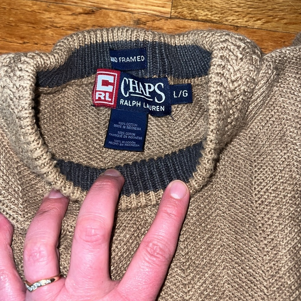 Men’s CHAPS Ralph Lauren hand framed tan sweater, size large - Picture 5 of 6